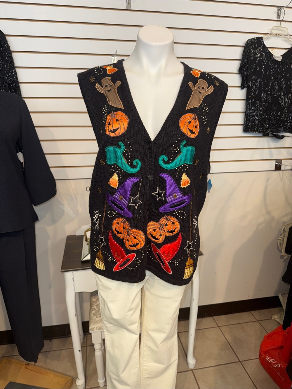 Women’s Halloween Vest with Colorful Embroidered Pumpkins and Witches Hats -